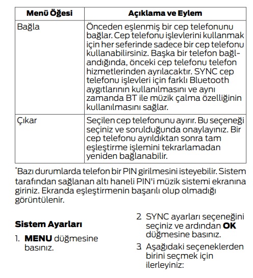 Ford Courier bluetooth eşleştirme