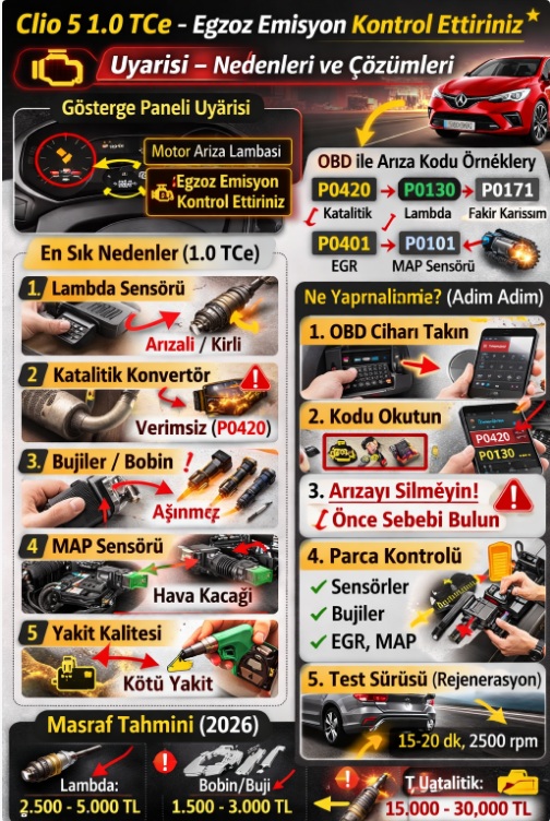 Renault Clio 1.0 TCE egzoz emisyon kontrol ettiriniz uyarısı 1