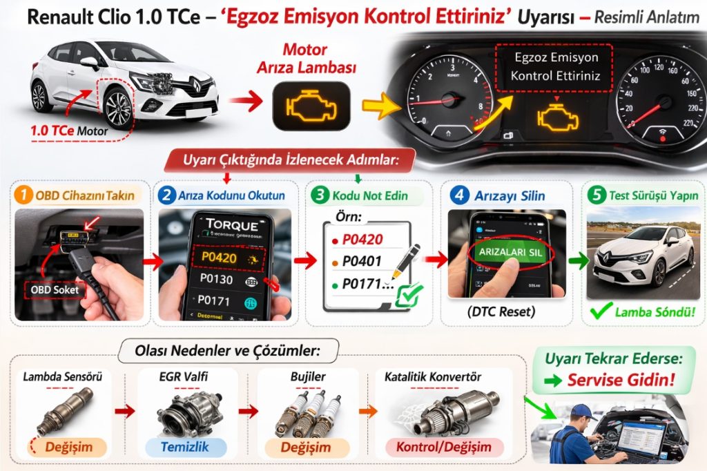 Renault Clio 1.0 TCE egzoz emisyon kontrol ettiriniz uyarısı